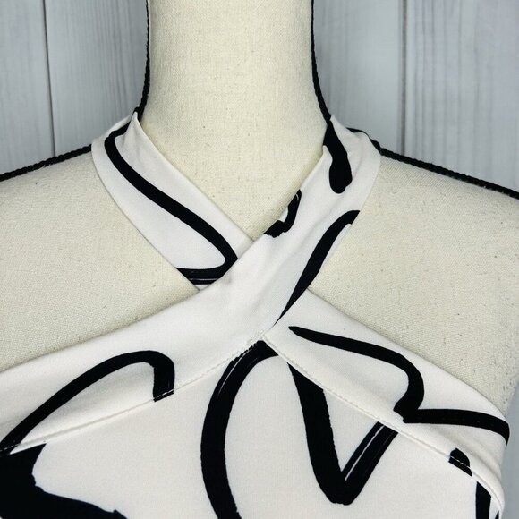 SHEIN Women's Black Ivory Satin Tie-Neck Halter Crop Top Smocked Back Sz S - Picture 2 of 8